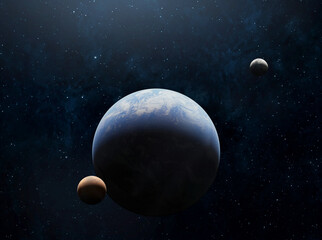 Panoramic view of the Earth, sun, star and planets solar system. Sunrise over planet Earth, view from space. Elements of this image furnished by NASA © Tryfonov