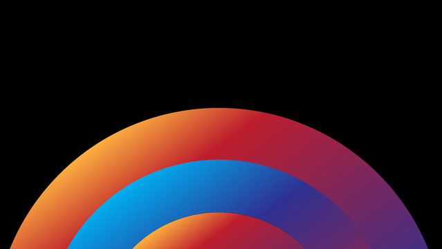 Abstract vibrant gradient concentric semi circle arch shape on black background, bright orange pink blue colorful graphic element