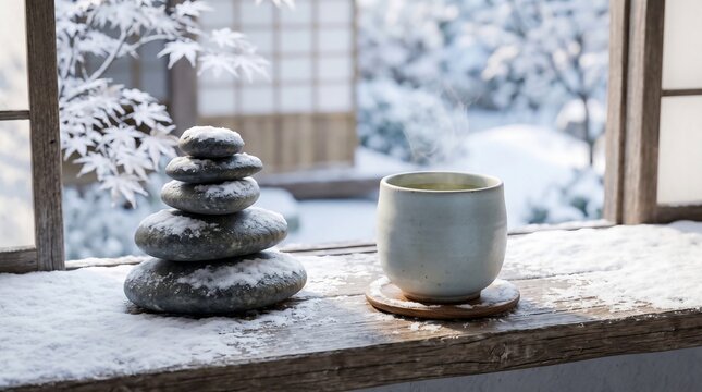 Winter Tea Cup with Snow Covered Zen Stones by Window
