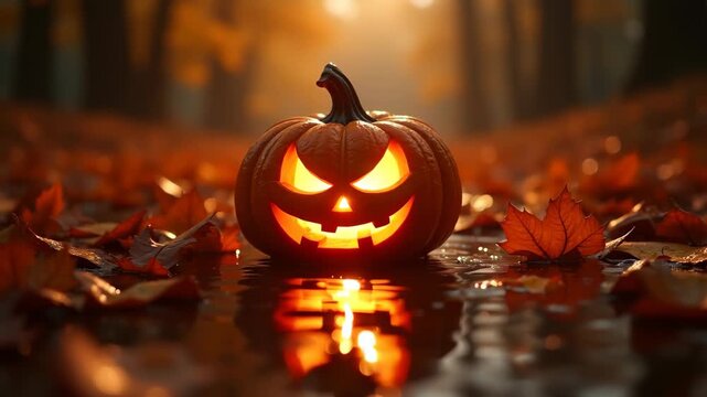 wet autumn leaves with reflection of glowing jack-o'-lantern, dramatic lighting