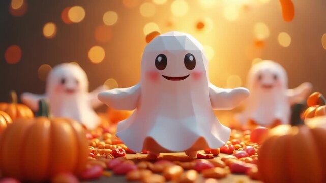 Cute low-poly ghosts smiling among Halloween candy and pumpkins, warm bokeh lighting