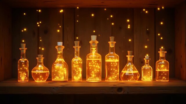 Golden sparkling potion bottles collection on old wooden shelf, rich colors