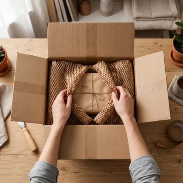 Hands opening recycled cardboard packaging containing a wrapped gift protected with sustainable honeycomb paper on a rustic wooden table.