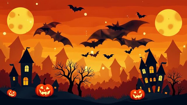 Bauhaus bold geometric Halloween pattern with bats, pumpkins and moons, strong warm colors