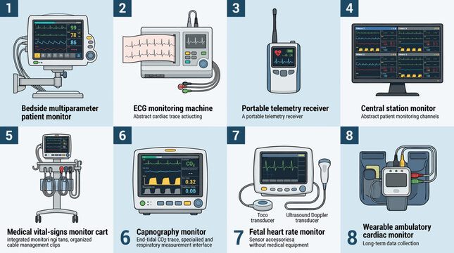 Medical patient monitoring equipment infographic showing bedside, ECG, telemetry, central station, cart, capnography, fetal, and wearable devices