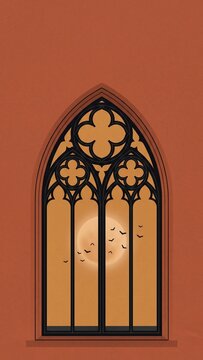 Gothic pointed arch window framing a glowing full moon and flying bats against an atmospheric orange Halloween night sky.