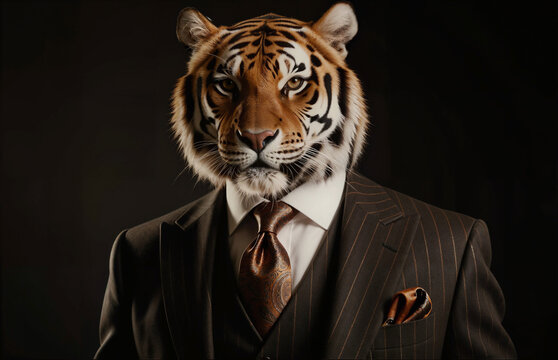 Confident Businessman with a Tiger Head in a Suit