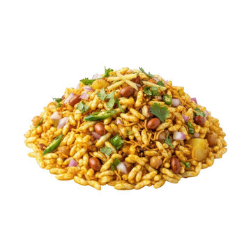 Heap of spicy Indian bhel puri snack isolated on a white background