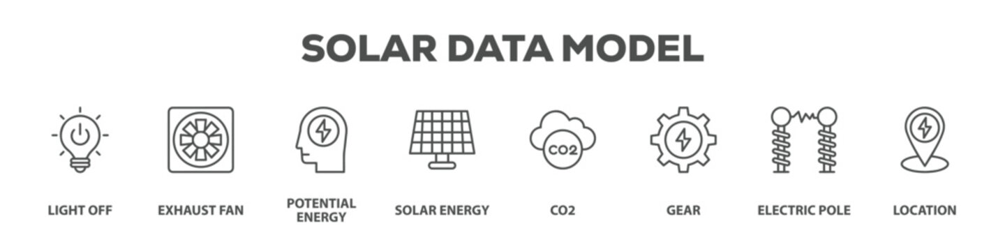 Solar Data Model with icon of Light off, Exhaust fan, Potential energy, Solar energy, Co2, Gear, Electric pole, Location