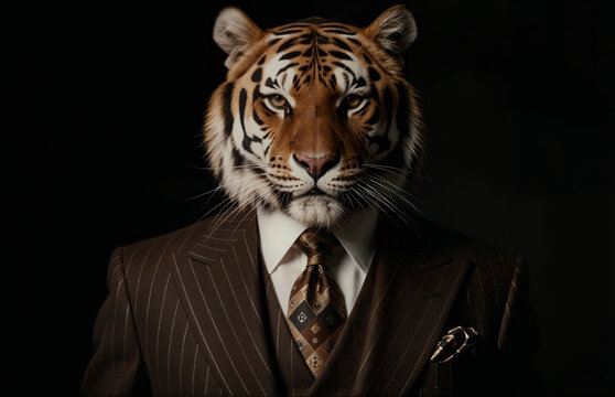 Confident Businessman with a Tiger Head in a Suit