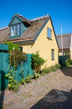 View of the colorful houses in the old town of the fishing village of Dragor, near Copenhagen, Denmark.