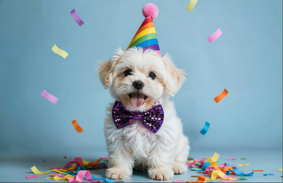 Cute Little Puppy Celebrating Birthday with Party Hat and Bow Tie