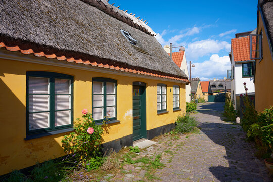 View of the colorful houses in the old town of the fishing village of Dragor, near Copenhagen, Denmark.
