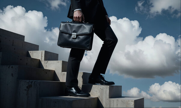 Businessman with Briefcase Walking Up Concrete Stairs to Success