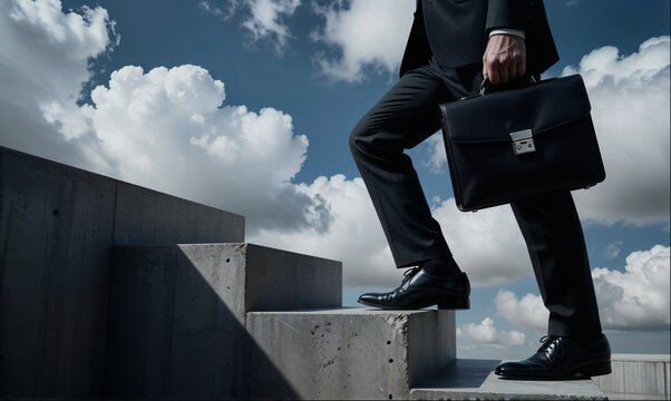 Businessman with Briefcase Walking Up Concrete Stairs to Success
