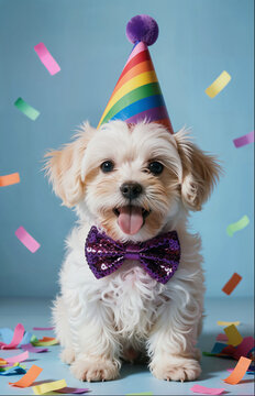 Cute Little Puppy Celebrating Birthday with Party Hat and Bow Tie