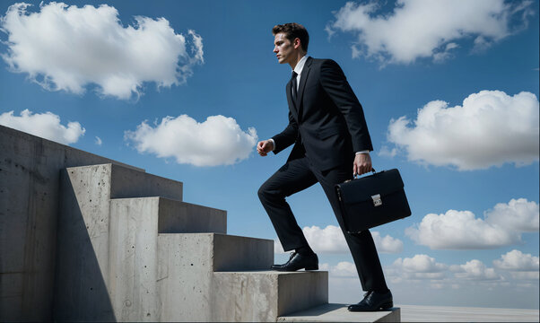 Businessman with Briefcase Walking Up Concrete Stairs to Success