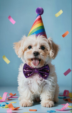 Cute Little Puppy Celebrating Birthday with Party Hat and Bow Tie