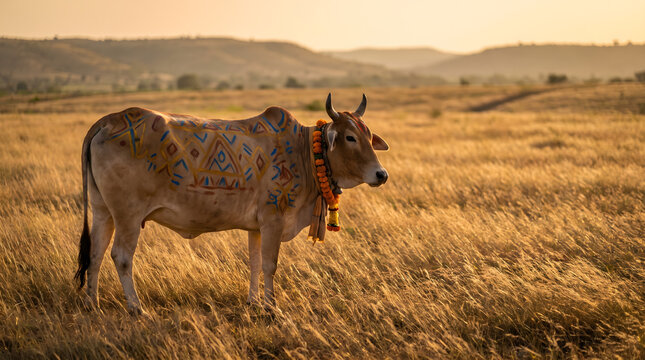 A beautiful sacred Indian zebu cow, intricately decorated with colorful traditional patterns and a marigold flower garland, stands peacefully in a vast, sun-drenched golden grass field during the g...