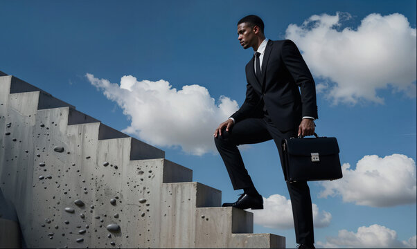 Businessman with Briefcase Walking Up Concrete Stairs to Success