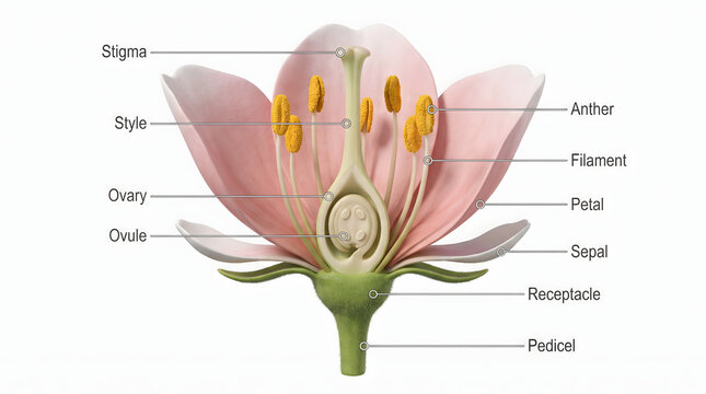 A detailed educational illustration depicting the internal anatomy of a flower. The cross-section diagram clearly labels key botanical parts such as the stigma, style, ovary, ovule, anther, filamen...