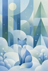 Fototapeta premium A beautiful geometric vector illustration of a blue arctic fox sitting in a stylized snowy forest under a full moon.