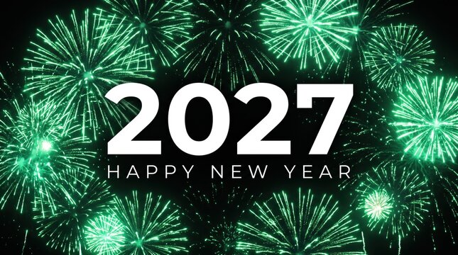 Happy New Year 2027 greeting with green fireworks, festive 2027 celebration background, emerald green pyrotechnics display for holiday events