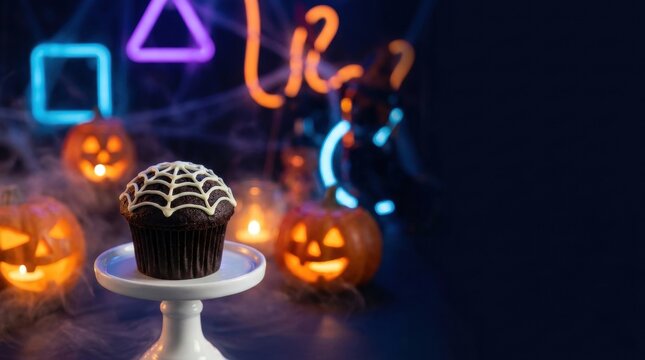 Parametric translucent Halloween spider cupcake on whit with fluid iridescent curves and soft architectural reflections