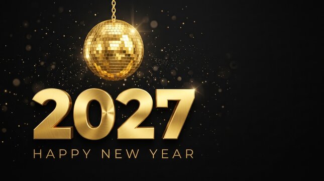 Happy New Year 2027 golden text on black background, luxury disco ball with sparkling glitter, elegant holiday celebration banner with 2027 numbers