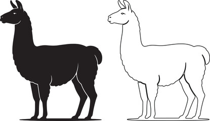 Fototapeta premium Minimalist llama silhouette and line art vector set, black and white alpaca animal icons, standing guanaco profile illustrations for logo design isolated on Transparent Background