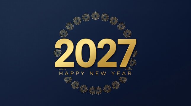 Happy New Year 2027 elegant gold typography. Luxury 2027 date on dark blue background. Festive holiday greeting card with golden circular pattern.