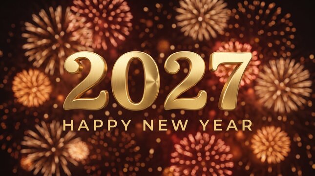 Happy New Year 2027 greeting card, golden 3D numbers with fireworks background, festive holiday celebration banner with bokeh lights