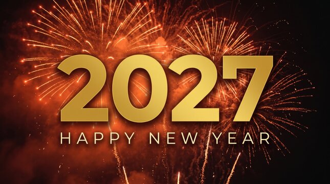 Happy New Year 2027 golden text on fireworks background, festive 2027 celebration banner, elegant holiday greeting card with gold numbers
