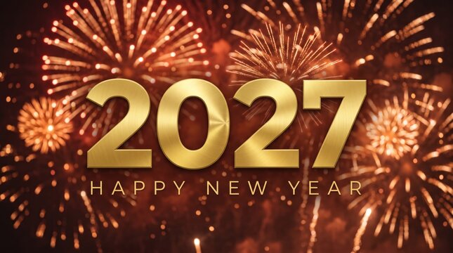 Happy New Year 2027 golden text on fireworks background, festive 2027 celebration banner, luxury gold numbers for holiday greeting card
