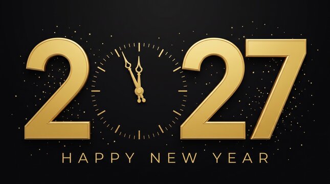 Happy New Year 2027 gold typography on black background, elegant 2027 countdown clock with golden glitter, festive holiday celebration banner