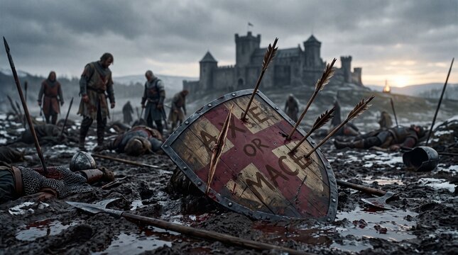 Damaged heraldic shield bearing inscriptions rests among casualties and soldiers wandering a bleak medieval battlefield.