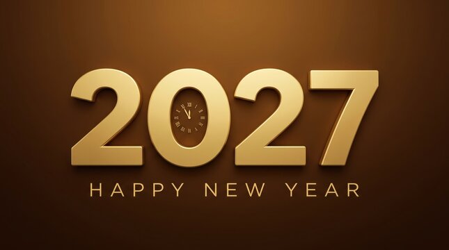 Golden 2027 Happy New Year typography, elegant 3D gold numbers with clock face, luxury holiday celebration banner on dark brown background
