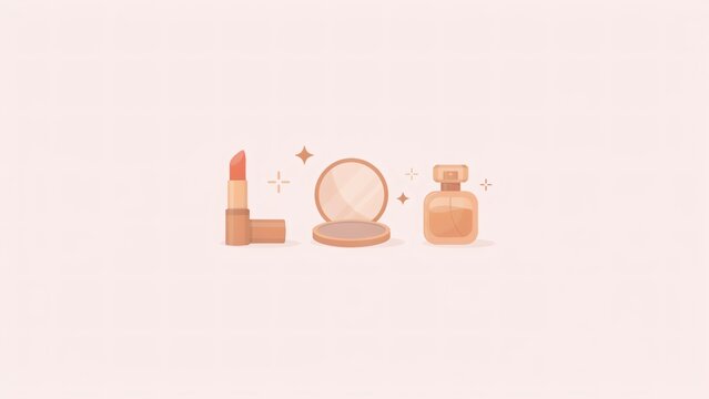 Minimalist flat vector illustration of lipstick compact mirror and perfume bottle on pink background with set feminine beauty products with bottle arranged simple