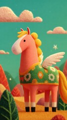 Obraz premium Colorful felt horse with wings in a whimsical landscape, mobile wallpaper.