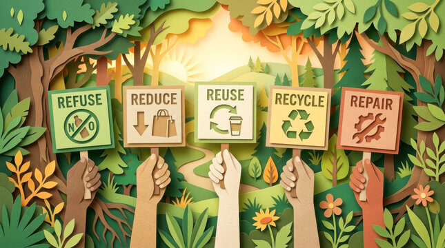 Paper Cut Hands Holding 5R Sustainability Signs