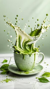 Matcha latte bursts from a ceramic cup with creamy green tea and milk splash