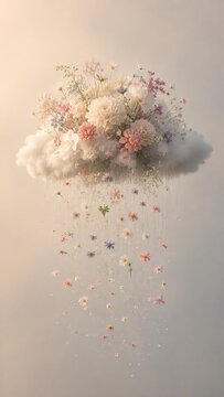 Surreal floral cloud releases delicate blossoms and raindrops in a dreamy spring scene