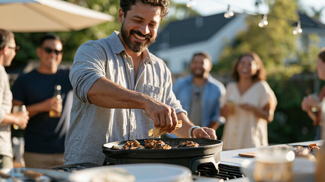 A tall bearded man flips sizzling tacos on a cast iron comal at a weekend backyard cookout surrounded by laughing guests holding beverages on national taco day, conveying casual
