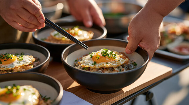 A Korean street vendor carefully arranges golden fried egg topped rice bowls in a busy open air lunch market on world egg day, depicting vibrant urban food culture, affordable