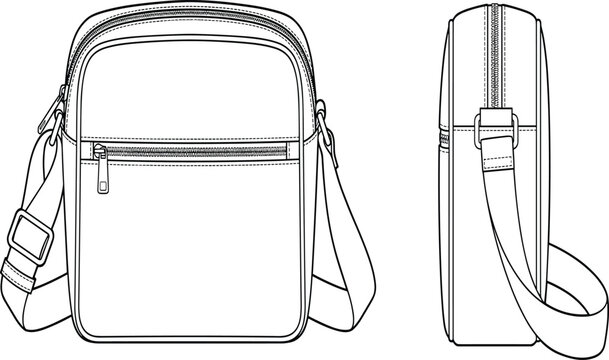 Crossbody bag vector sketch, technical fashion illustration outline showing front and side views of a leather shoulder bag with zipper pocket and adjustable strap.
