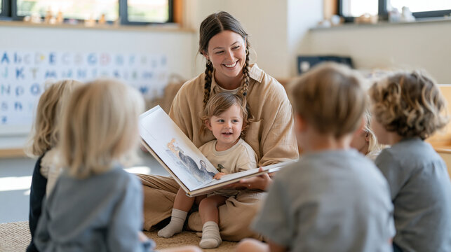 An early years educator with long braids sits cross legged on a reading rug, holding an oversized picture book open toward a semicircle of wide eyed four year olds during