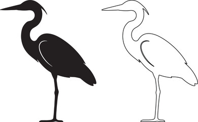 Fototapeta premium Great blue heron silhouette and line art vector set, elegant wading bird icons, minimalist crane and egret wildlife illustrations for logos isolated on Transparent Background