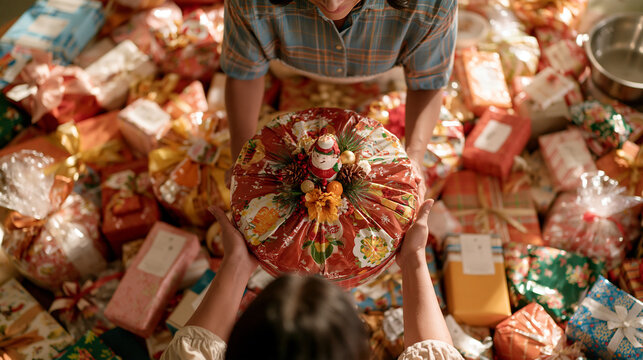 An Indonesian home cook sets an elaborate white elephant gift exchange table with wrapped mystery gifts on national regifting day December, photographed from above as colorful