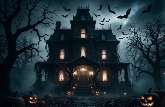Spooky Haunted House at Night with Bats and Glowing Windows for Halloween