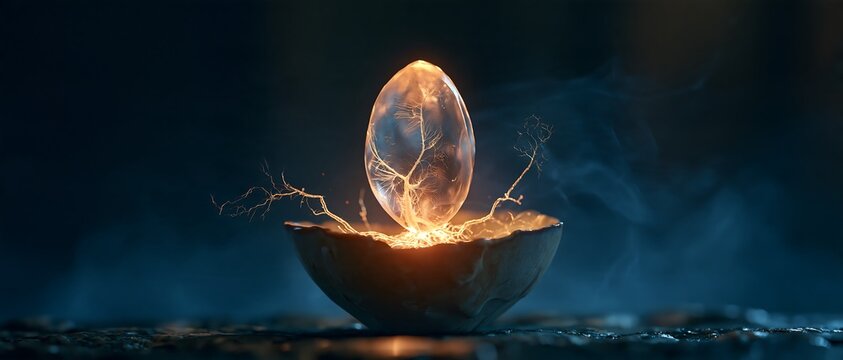 Mystical glowing glass egg glowing in dark bowl with intricate roots and moody lighting